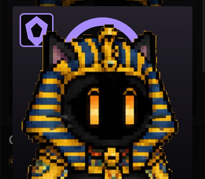 A pixel art illustration of a black cat adorned in Egyptian pharaoh-style attire with gold and blue striped headdress and a crown.