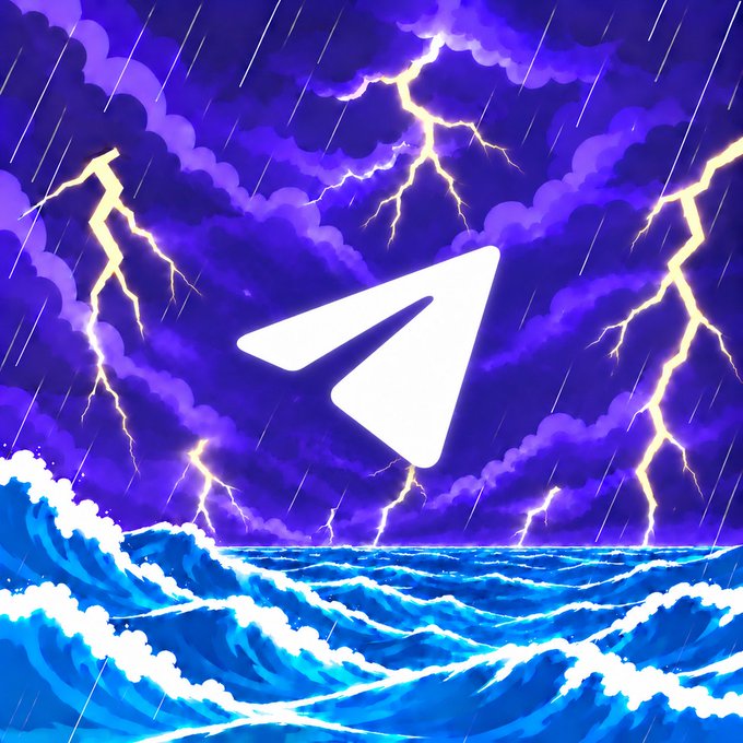 An illustration of the Telegram paper airplane logo surrounded by lightning bolts, heavy rain, and crashing ocean waves under a purple stormy sky.