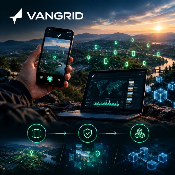 A promotional graphic for 'VANGRID' showing a person holding a smartphone and a laptop displaying global maps and data, set against a scenic landscape.