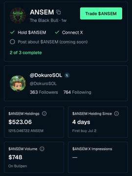 Another 'Claim' dashboard for ANSEM token (@DokuroSOL) showing $523.06 in holdings (1215 ANSEM) and 4 days holding since first buy on Jul 2.