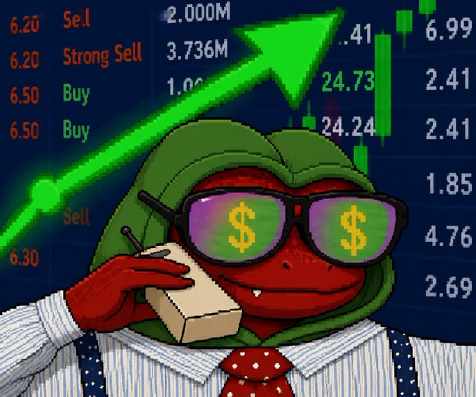 A Pepe the Frog cartoon character in a suit, dollar-sign sunglasses, and a tie holds a brick phone to his ear while surrounded by a stock trading screen showing numbers like 6.20, 6.99, 2.000M, 3.736M, and ratings of "Sell," "Strong Sell," and "Buy," with a bold green upward arrow signaling a price pump—matching the post's excitement to "pump it."