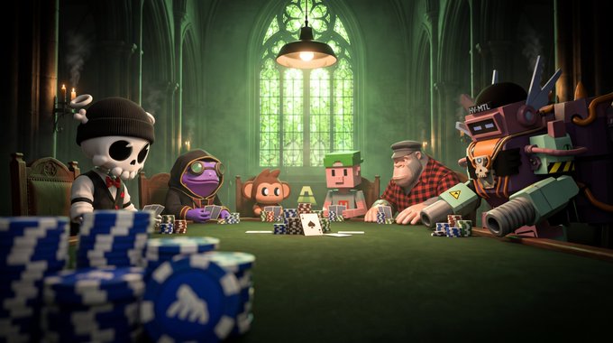 A stylized 3D illustration of NFT characters (including a skeleton in a beanie, a frog, a Minecraft-style figure, a lumberjack, and a robot with "WMTL") sitting around a poker table stacked with blue chips.