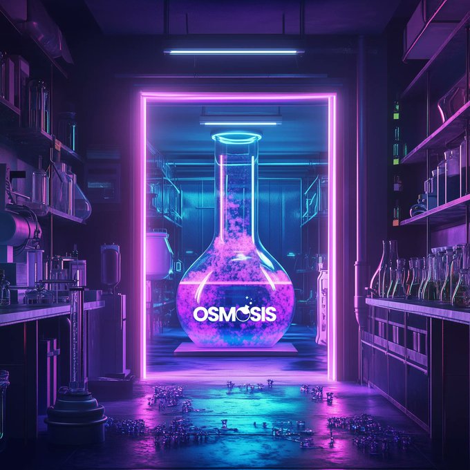 The image features a large glass vial filled with purple liquid placed inside an open doorway or tunnel-like structure. The vial has the word "OSMIS" written on it, which could be related to a specific type of exchange or technology within the digital currency space. The surrounding area is filled with various objects and equipment typically found in a laboratory setting, including numerous bottles, a refrigerator, and other scientific apparatus. The image also contains text that reads "A decentralized exchange, but it actually works." This suggests that the vial might be related to a specific type of digital currency or blockchain technology, possibly OSMIS, which is known for its decentralized nature and potential use in various industries beyond finance.
