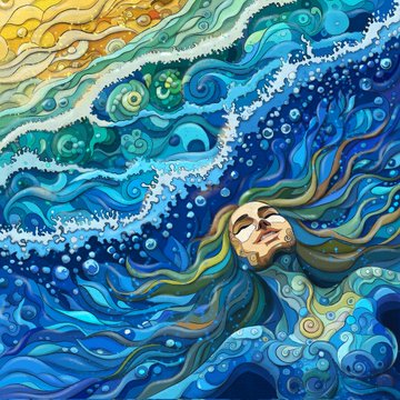 Artistic painting depicting a bearded figure with flowing hair merging into swirling blue waves and a golden sky, reminiscent of Van Gogh's style.