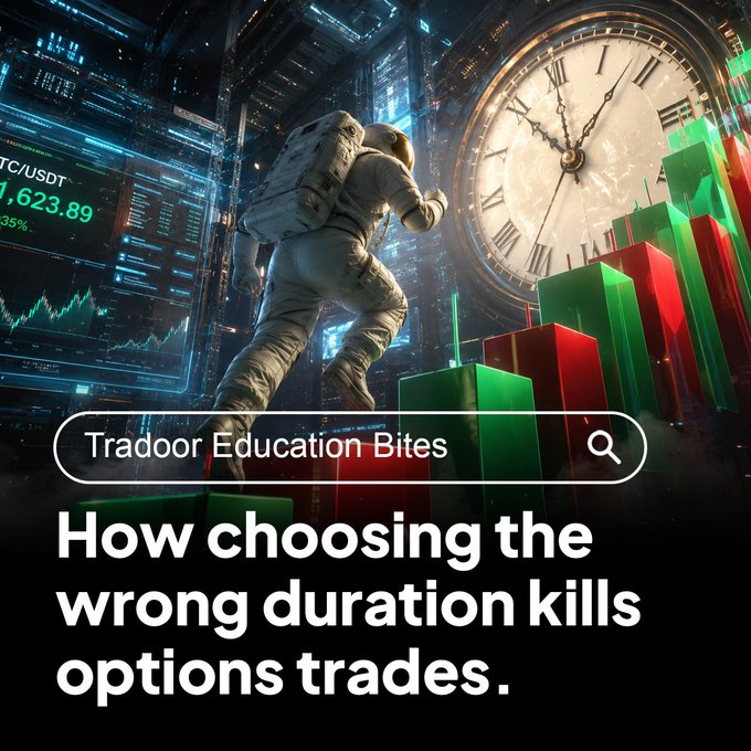 A promotional graphic for "Tradoor Education Bites" featuring an astronaut climbing bar charts next to a large clock, with text reading "How choosing the wrong duration kills options trades."