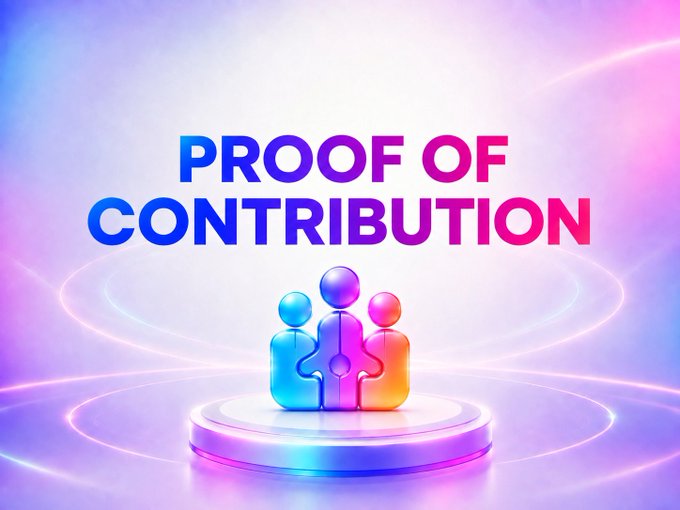A colorful graphic design featuring the text 'PROOF OF CONTRIBUTION' above three stylized gradient figures standing together as puzzle pieces on a glowing platform.