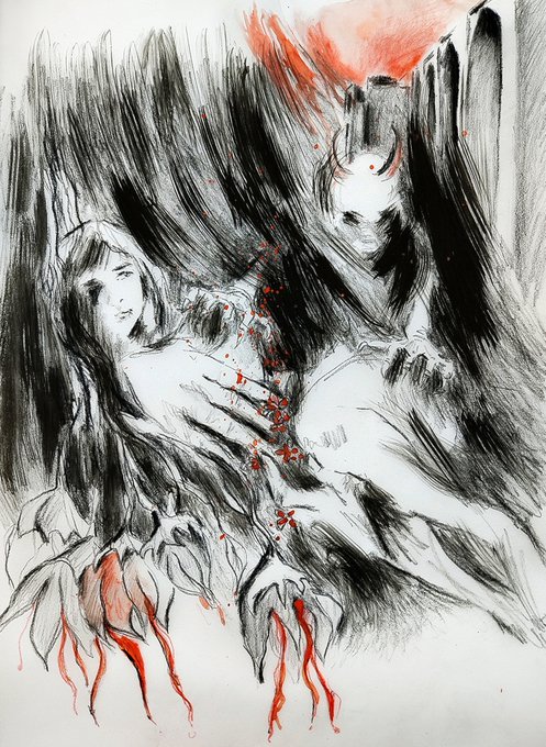 A dramatic black and white sketch with red accents depicting a sinister figure behind a woman, with blood-like red drips flowing from below.