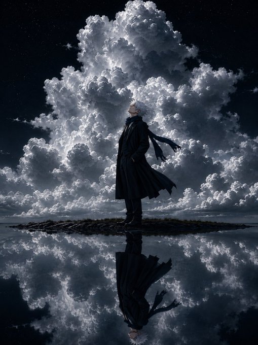 A figure with white hair wearing a long dark coat and scarf stands on a small patch of land beneath a massive, dramatic cloud formation, with their reflection visible in a mirror-like surface below.