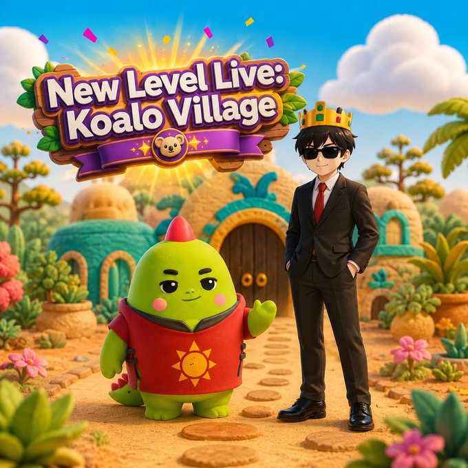 A cheerful green dinosaur-like character in a red shirt stands beside a businessman wearing a crown and sunglasses in front of a whimsical village, with a sign reading "New Level Live: Koalo Village." The image captures the playful, gamified update mentioned in the post, showcasing the charming new chapter of Sleepagotchi's evolving world.
