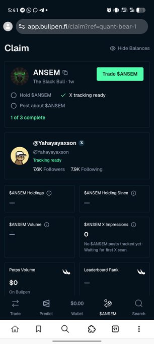 A mobile screenshot of the BullpenFi claim page for $ANSEM shows "1 of 3 complete" tasks with "Trading ready" checked off, alongside the @Yahayayaxson profile (76K Followers, 79K Following). The image reflects the post's message about joining the $ANSEM movement early on BullpenFi by completing preliminary claim steps in preparation for the broader ecosystem growth.