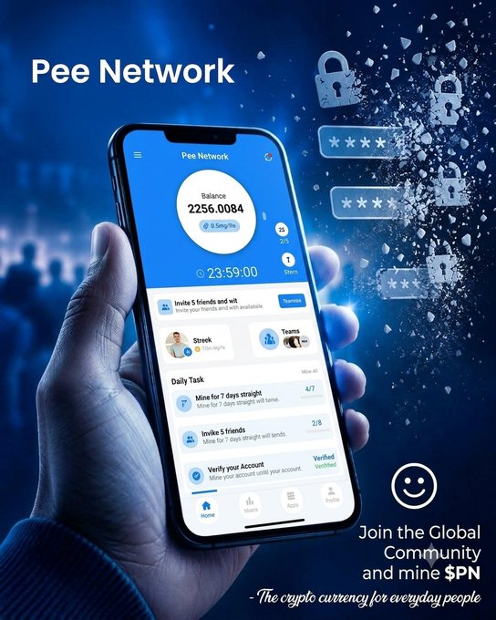 A promotional image for 'Pee Network' cryptocurrency app showing a smartphone displaying a balance of 2256.0084 with options like 'Invite 5 friends and wit...', 'Mine for 7 days straight!', 'Invite 5 friends', and 'Verify your Account'. Tagline reads: 'Join the Global Community and mine $PN - The crypto currency for everyday people'.
