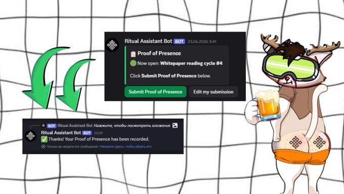 Screenshot showing a Discord bot interaction with "Ritual Assistant Bot" for Proof of Presence submission related to a Whitepaper reading cycle #4, with a cartoon deer mascot wearing ski goggles and holding a beer mug on the right.