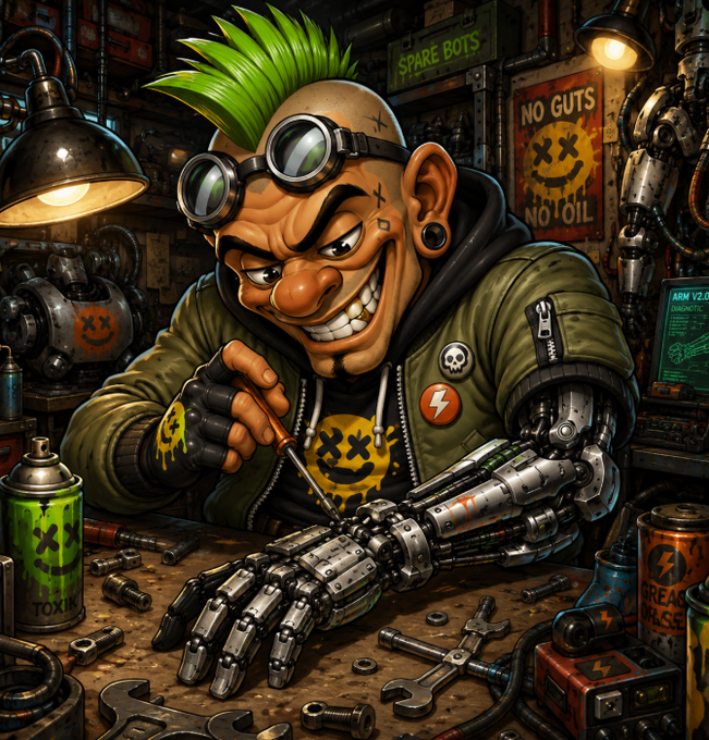 A cyberpunk mechanic with a neon green mohawk and goggles grins maniacally while tinkering with a robotic arm in his grimy workshop, surrounded by spray paint cans, tools, and signs reading "SPARE BOTS," "NO GUTS NO OIL," and "TOXIK." The gritty, graffiti-covered scene perfectly captures the chaotic, rebellious energy of the $TOXIK memecoin launch on Pump.fun.