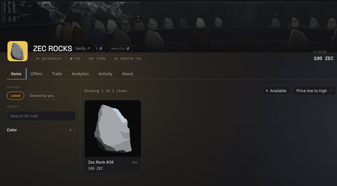 A digital marketplace listing for "ZEC ROCKS" by @zcashrocks shows a single item, "Zec Rock #28," priced at 100 ZEC on the zec.bit platform. The storefront displays a verified badge, 100 items in the collection, and a floor price of 100 ZEC, illustrating the official ZecRocks NFT collection being launched on the marketplace referenced in the post.