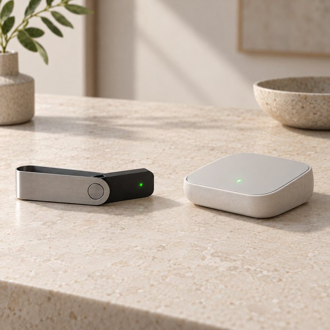 A sleek silver hardware wallet and a minimalist white cold-storage device sit side by side on a stone countertop, both glowing with small green status lights that signal active operation. The pairing reinforces the post's message—owning secure devices is only the first step, and true readiness comes from successfully testing recovery while conditions are calm.