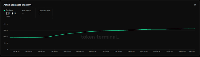 A Token Terminal chart showing Cardano's monthly active addresses at 324.2K, trending upward from 08/14/26 to 09/12/26.