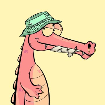 A cartoon pink crocodile or alligator wearing a green bucket hat with the text 'Cat One', standing against a yellow background.