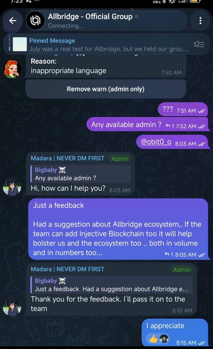 A Telegram conversation in the 'Allbridge - Official Group' where a user named Bigbaby suggests adding Injective Blockchain to Allbridge and receives thanks from admin Madara for the feedback.