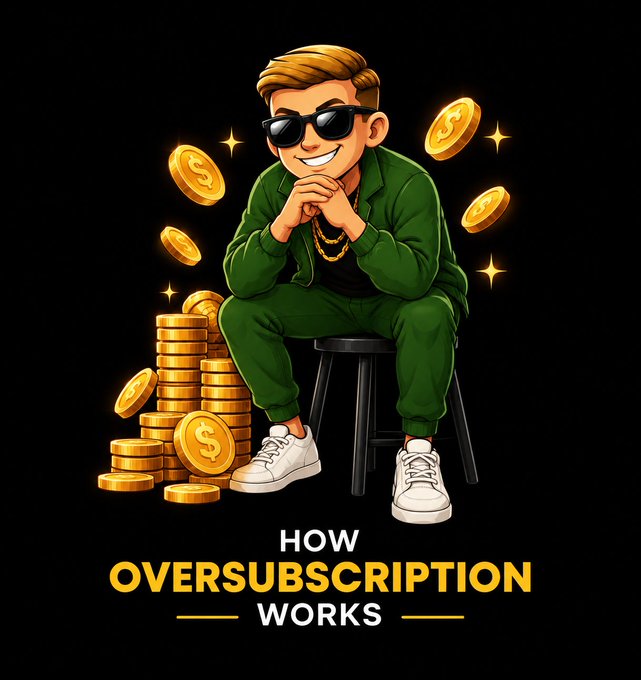 A cartoon illustration of a man in green outfit and sunglasses sitting on a stool surrounded by gold coins, captioned 'HOW OVERSUBSCRIPTION WORKS'.