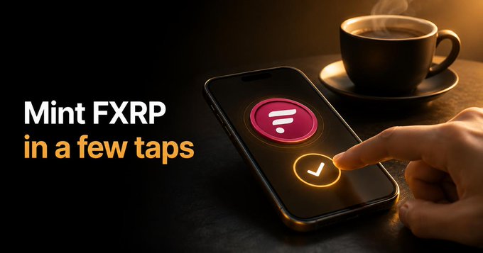 The image shows a hand tapping a smartphone screen displaying a coin icon with a checkmark, alongside a steaming cup of coffee, with the text "Mint FXRP in a few taps." This visually reinforces the post's message that minting FXRP is now simple and quick, made effortless with Luminite just like a casual morning coffee routine, allowing users to immediately use FXRP as collateral on Kinetic.
