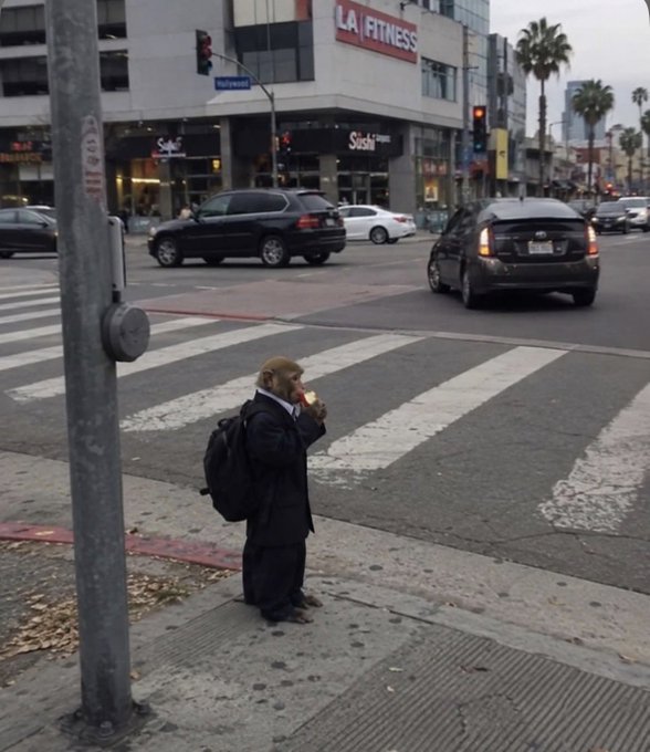 A person in a long dark coat and animal-like mask stands on a city sidewalk while holding up a phone.