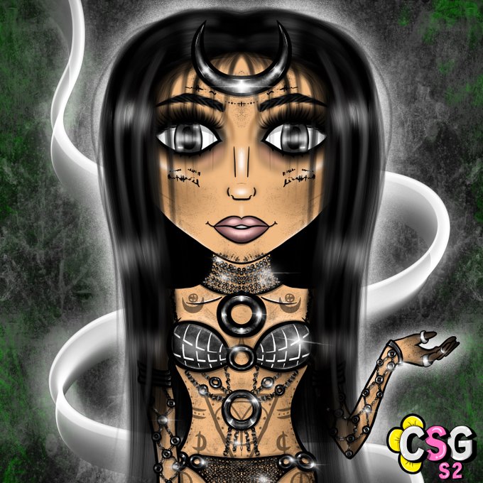 A stylized fantasy illustration shows a horned, dark-haired woman with tattoos, metallic body ornaments, and a ribbon-like tail; a “CSG S2” logo appears at bottom right.