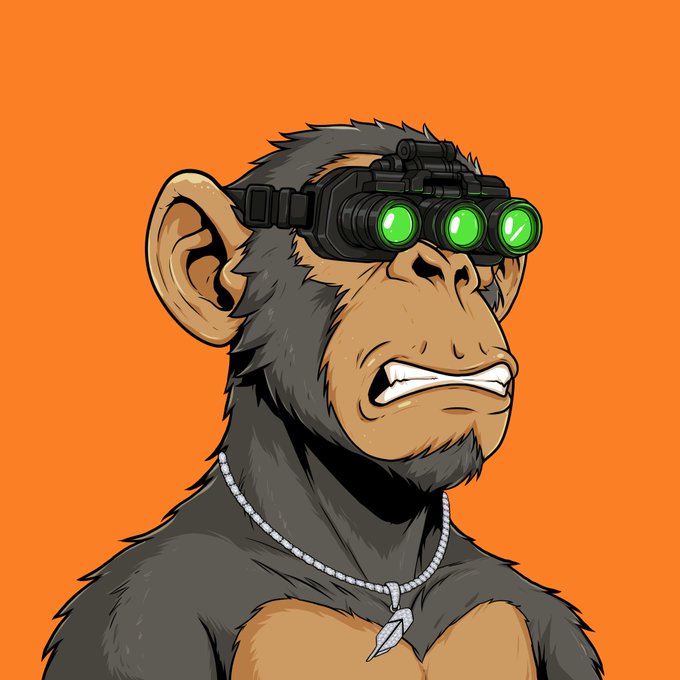 A digital illustration of an angry-looking chimpanzee wearing night-vision goggles with green lenses and a white beaded necklace with a tooth-like pendant, set against a solid orange background.