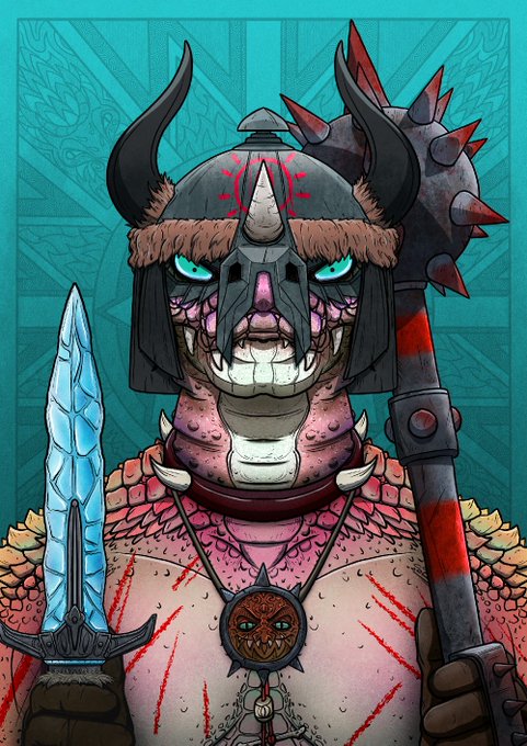 A digital illustration of a fearsome warrior with pink skin and glowing cyan eyes, wearing a horned helmet and wielding a spiked mace and an icy blue sword, with a medallion depicting a pumpkin-like face on his chest.