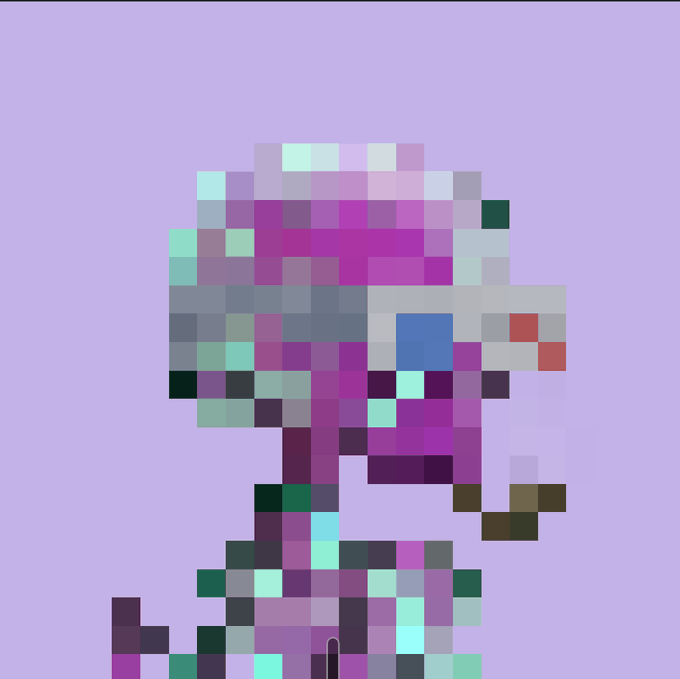 Pixel art character in a Santa-like outfit featuring pink, purple, and green blocks, standing against a light purple background.