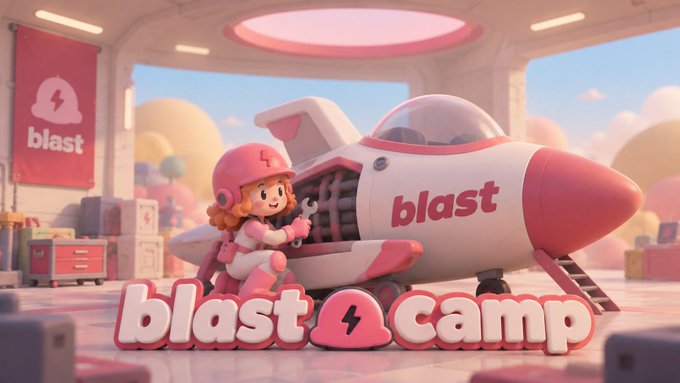 A 3D animated promotional graphic for 'blast camp' featuring a character in a pink helmet working on a pink and white rocket ship in a hangar.