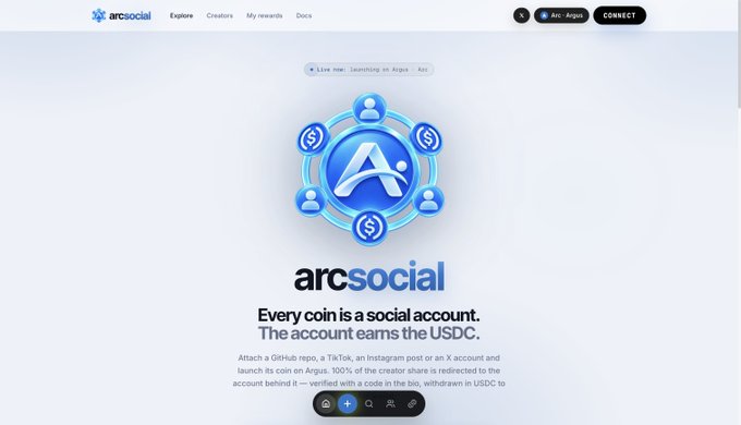 ArcSocial website homepage promoting the platform with tagline 'Every coin is a social account. The account earns the USDC.'