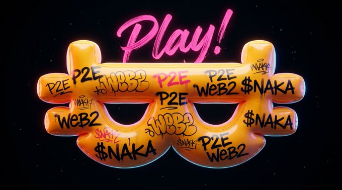 A pair of yellow graffiti-covered sunglasses displays "Play!" above them in pink neon, with tags reading "P2E," "WEB2," "$NAKA," and "NUBB" sprayed across the lenses, tying into Nakamoto Games' crypto gaming update. The image visually reinforces the post's mention of accelerating Roblox development and ecosystem growth by blending play culture with the project's key tokens and buzzwords.