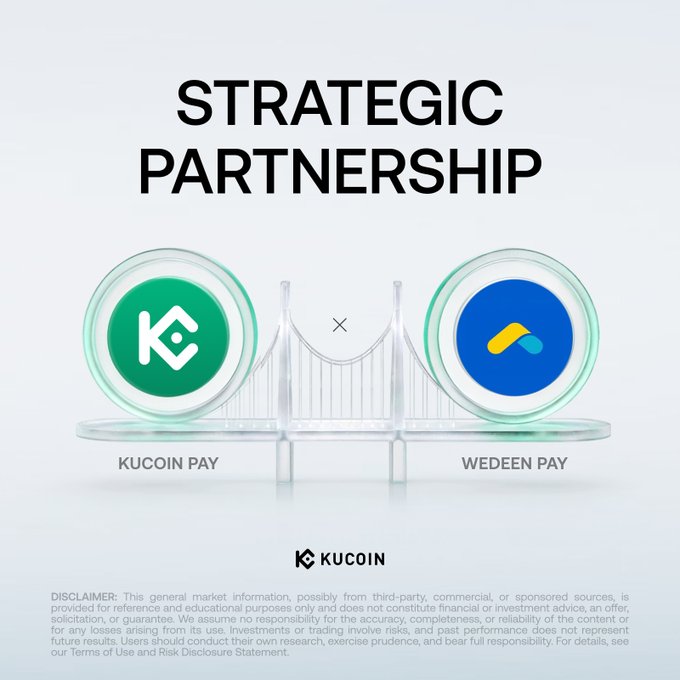 The image features a glass bridge with two coins placed on top of it, one being a green coin and the other a blue coin. The text "Strategic Partnership" is written above the bridge, and "Kucin Pay" is below it. The image also includes a caption that reads "From local services to global Web3! KuCoin Pay is thrilled to partner with @wedeen_pay to bring crypto payments to daily essentials!".