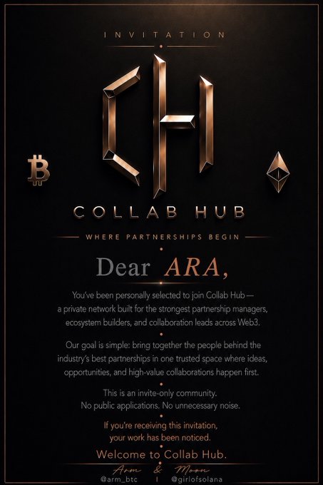 An elegant gold-bordered digital invitation for 'CH COLLAB HUB' addresses 'ARA' as a private partnership network for Web3 collaboration managers, with handles @arm_btc and @girlofsolana.