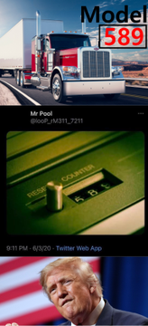 A Twitter feed screenshot showing posts about a "Model 589" truck, with an image of a truck and a photo of Trump.