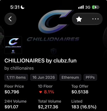 A mobile screenshot displays an NFT collection page for 'CHILLIONAIRES by clubz.fun', showing a floor price of 0.796 and a 1D Floor increase of 8.1%.