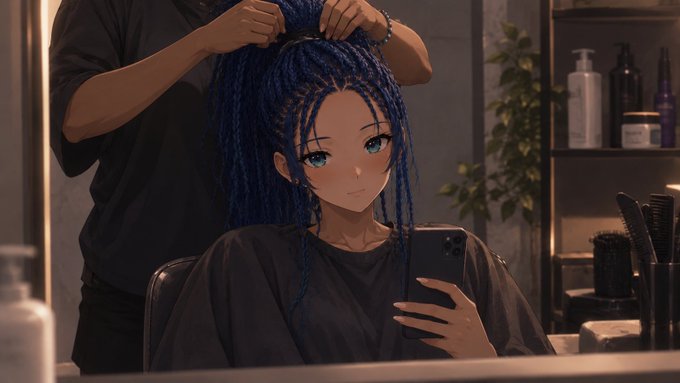 An anime-style illustration of a girl with blue hair getting her hair styled at a mirror while holding a smartphone.