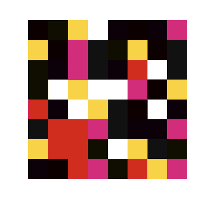 A pixelated grid of colorful blocks in red, pink, yellow, black, and white fills the image, representing the artist's newly minted NFT artwork. The abstract, low-poly digital style reflects the creative output purchased for $8 through the mentioned platform.