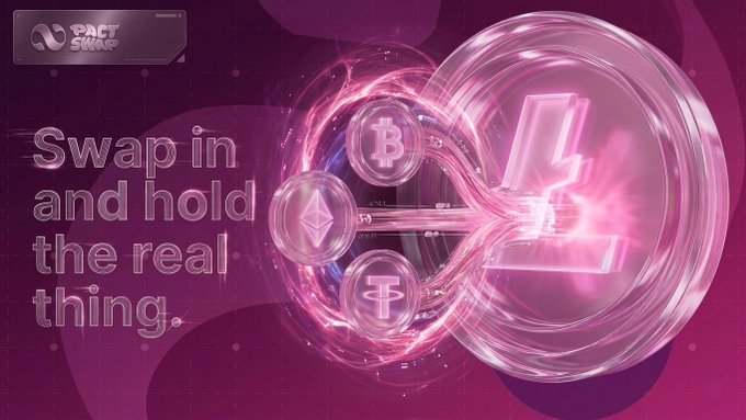 The image shows a purple background with white text that reads: "Cross chain shouldn't feel like a maze. With @Pact_Swap, moving from BTC, ETH or stablecoins into native $LTC is simple, fast, and seamless. No extra steps. No wrapped assets. Just smooth execution." The image features an illustration of three coins: Bitcoin, Ethcoin, and Litecoin. These coins are floating in a purple bubble surrounded by sparks that give them a futuristic appearance.