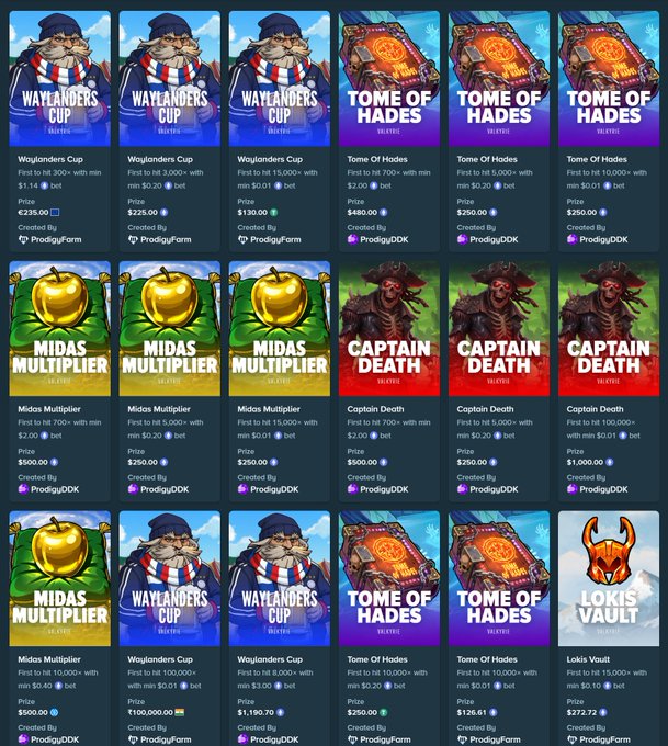 A grid of 18 Stake monthly challenge entries from creators ProdigyFarm and ProdigyDK, featuring games like Waylanders Cup, Tome Of Hades, Midas Multiplier, Captain Death, and Lokis Vault with varying prize pools from $130 to $500 and minimum bets as low as $0.01.