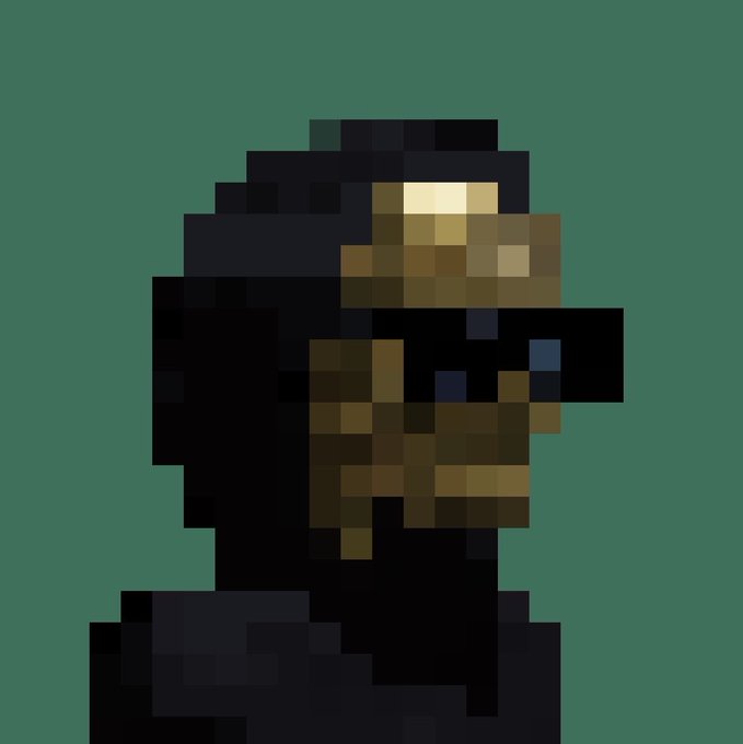 A pixel art image of a dark, shadowy face or skull with glowing yellow-green eyes against a green background.