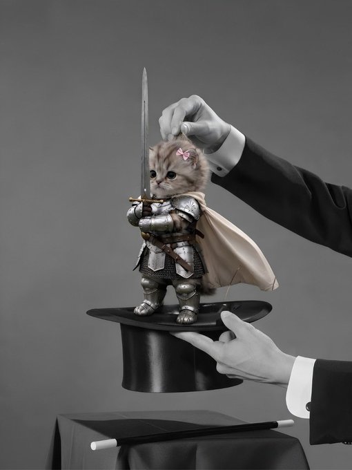 A creative surreal image showing a kitten dressed in miniature knight armor with a sword and cape, standing on a black top hat held by a magician's gloved hands.