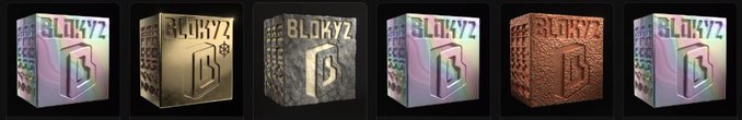 Six textured 3D cubes display the 'BLOKYZ' logo in different material finishes including chrome, gold, stone, and copper.