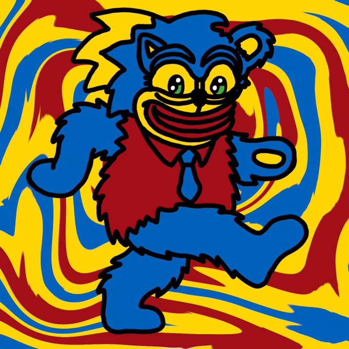 A cartoon blue bear wearing a red shirt and tie smiles widely with arms outstretched against a swirling red, yellow, and blue psychedelic background, embodying the cheerful "gm friends" morning greeting.