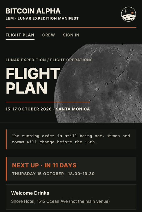 A 'BITCOIN ALPHA / LEM - LUNAR EXPEDITION MANIFEST' webpage showing a 'FLIGHT PLAN' section dated '15-17 October 2026 · Santa Monica' with a moon background image, and event details for 'Welcome Drinks' at Shore Hotel.