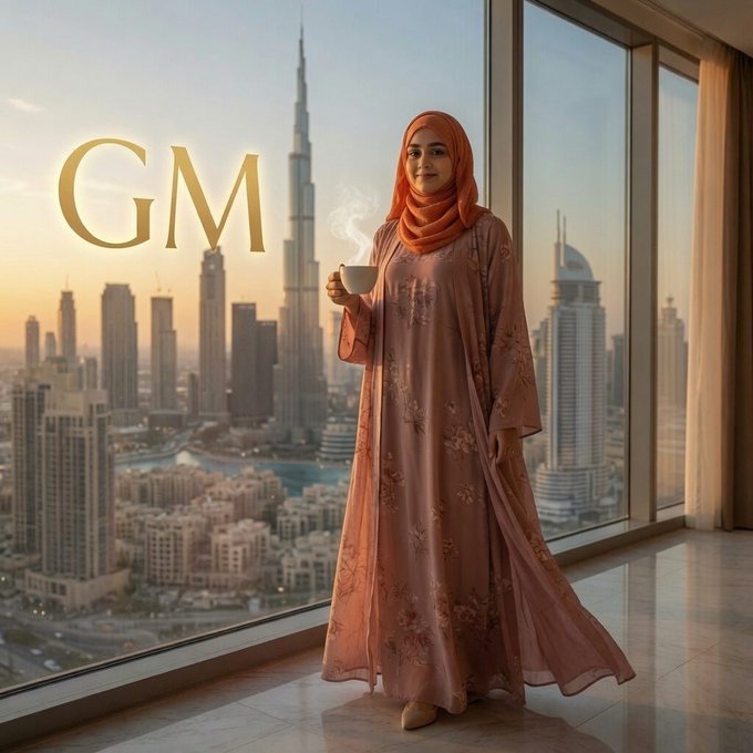 A woman in a hijab holds a steaming cup of coffee against a backdrop of the Dubai skyline, with the golden letters "GM" subtly integrated into the scene. The image relates to the post by visually representing a calm, prosperous morning ("GM" for Good Morning) that contrasts with the "red candles" (often signifying losses in crypto trading) mentioned, implying that maintaining composure and patience, like enjoying a peaceful coffee with a view, is key to building wealth.