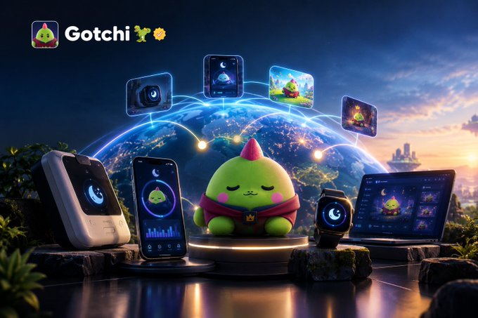 A promotional image for the "Gotchi" virtual pet app, featuring a green creature with closed eyes and a red cape on a glowing platform, surrounded by smartphones, a tablet, and a smartwatch displaying the app, all set against a backdrop of Earth and stars.