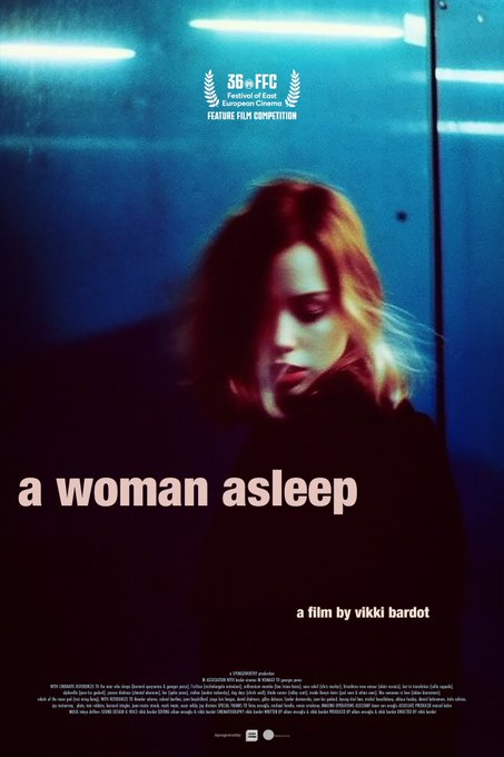 Movie poster for 'a woman asleep', a film by Vikki Bardot, featuring 36th FFC selection laurel and a moody image of a young woman with reddish hair against blue-lit background.