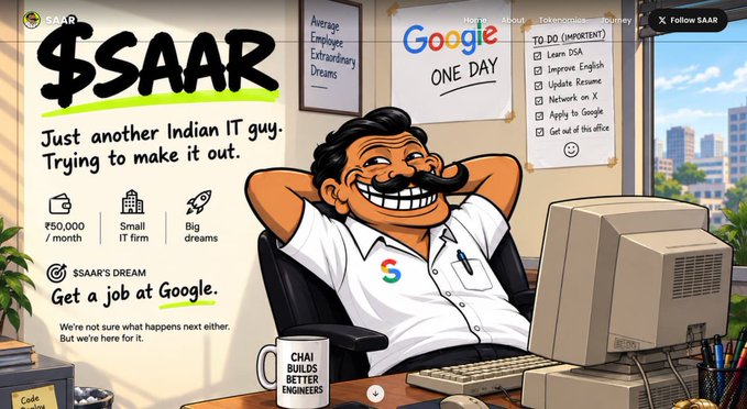 A cartoon illustration of a smiling man with a mustache sitting at a desk with a vintage computer, captioned '$SAAR Just another Indian IT guy. Trying to make it out.' and 'Get a job at Google.'