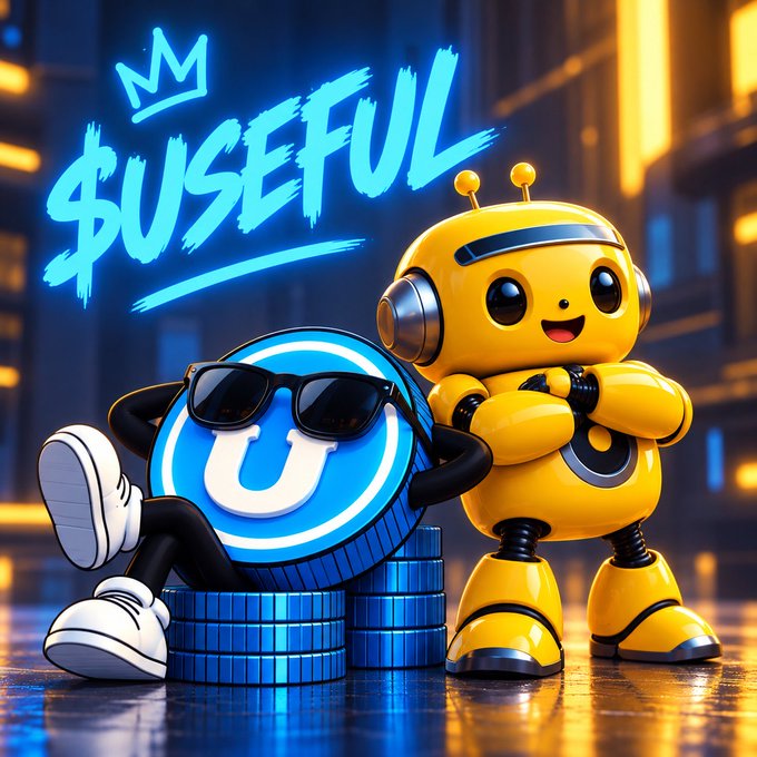 A digital illustration featuring a yellow robot and a blue coin-like character with sunglasses, accompanied by neon blue text reading '$USEFUL' with a crown symbol.